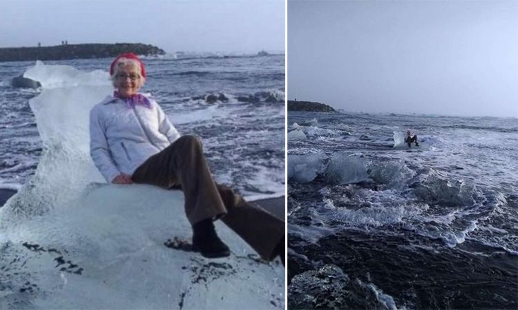 เอลซ่าที่แท้ทรู.. คุณยายโพสท่าถ่ายรูปกับธารน้ำแข็งโจกุลซาลอน ก่อนจะถูกน้ำพัดพาออกไป!
